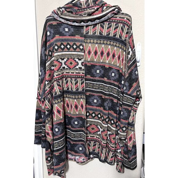 Easel Poncho Sweater Cowl neck Aztec Boho Southwestern lightweight sz L oversize - Picture 6 of 7